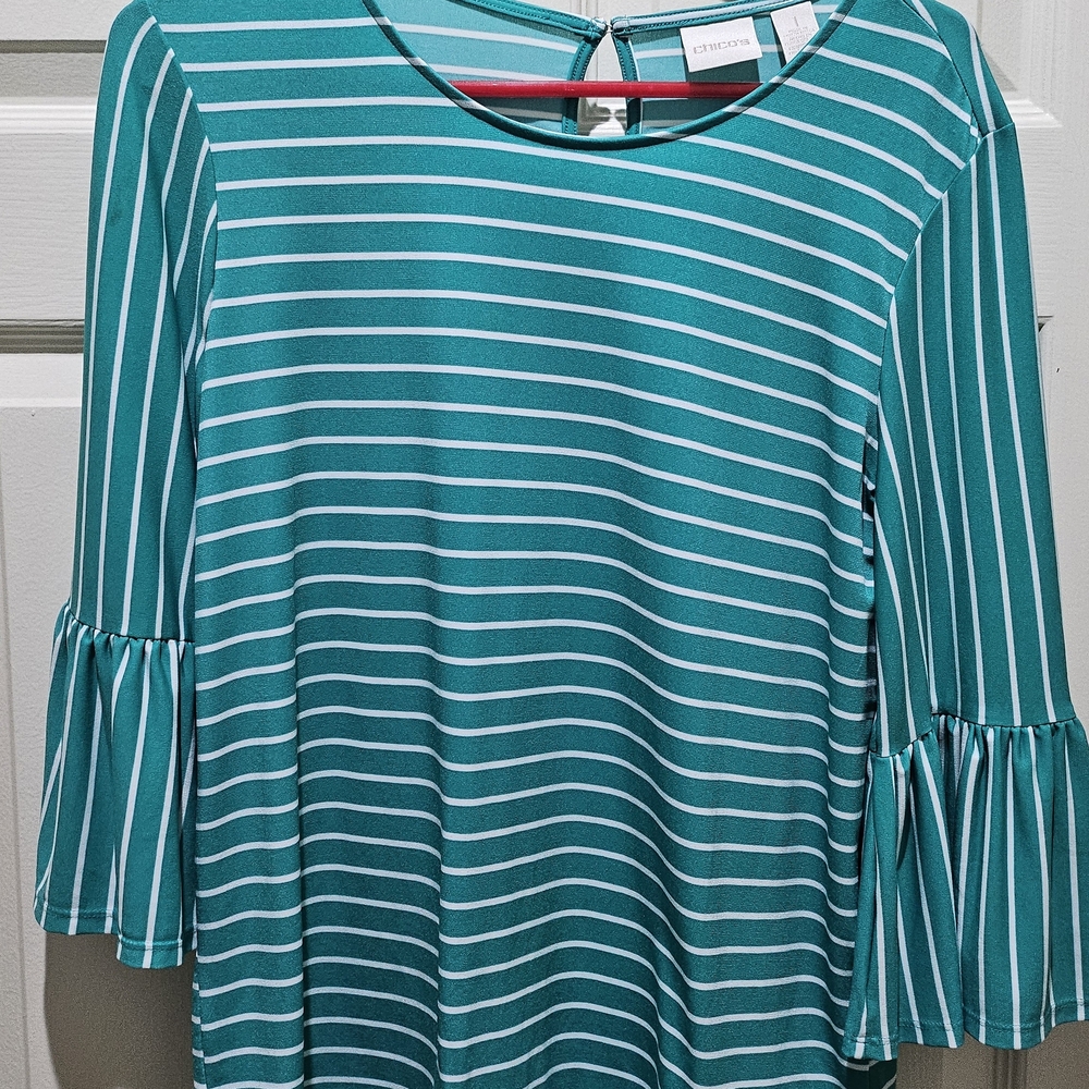 Chico's Green and White Striped Blouse